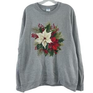 Port & Co Vintage Gray Poinsettia Xmas Pullover Sweatshirt Womens L Cotton Blend